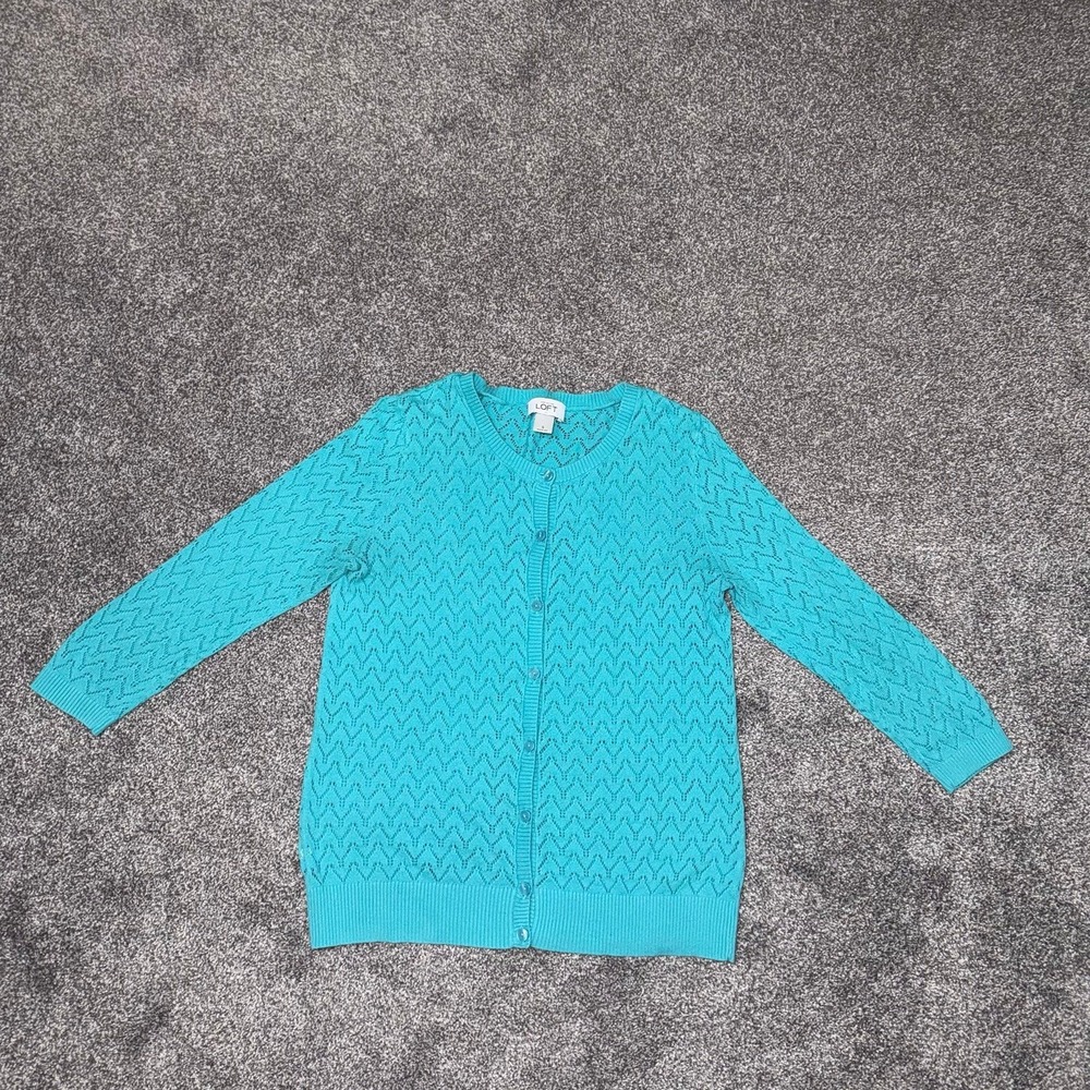 Ann‎ Taylor Loft Women's Teal Button-Front Cardigan Chevron Lace-Like - Small